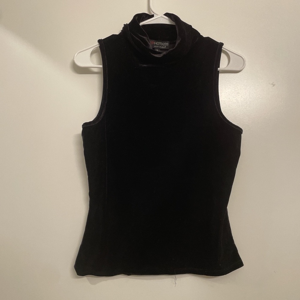 Vintage Hot Kiss Women's Black Velvet Vest turtleneck sleeveless top size Large